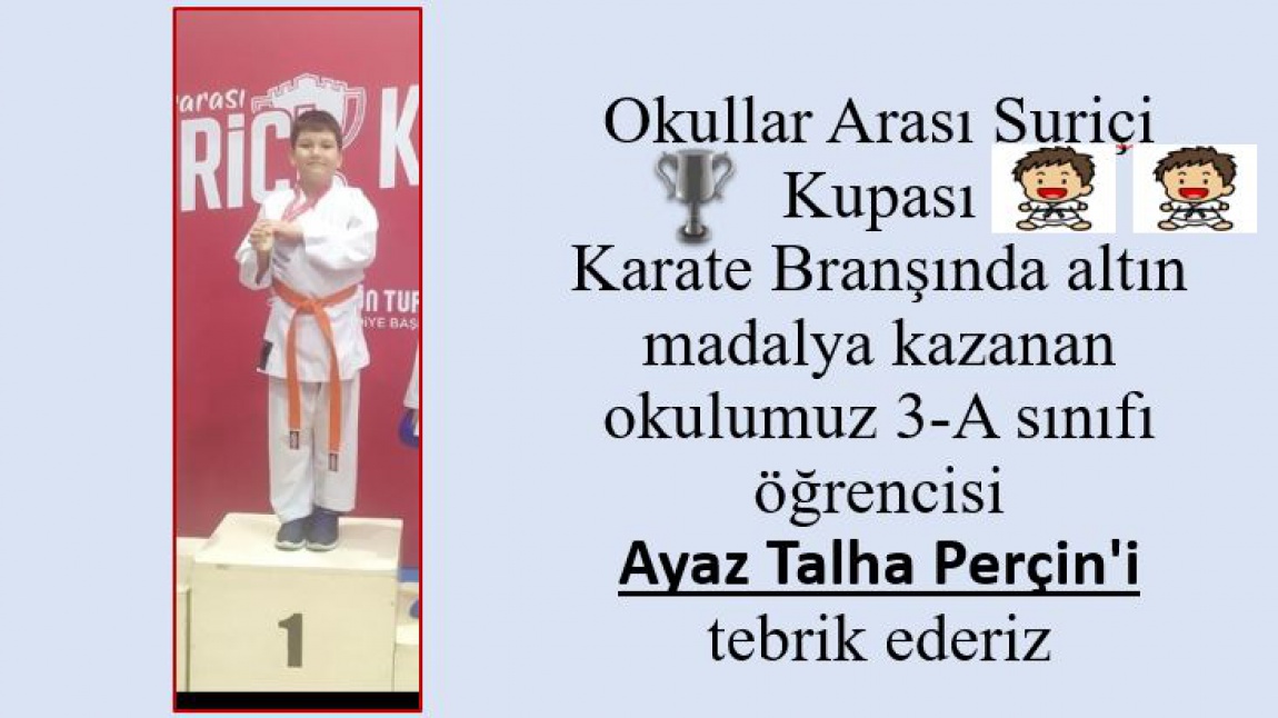 Okullar Arası Suriçi Kupası Karate Branşında altın madalya kazanan okulumuz 3-A sınıfı öğrencisi Ayaz Talha Perçin'i tebrik ederiz